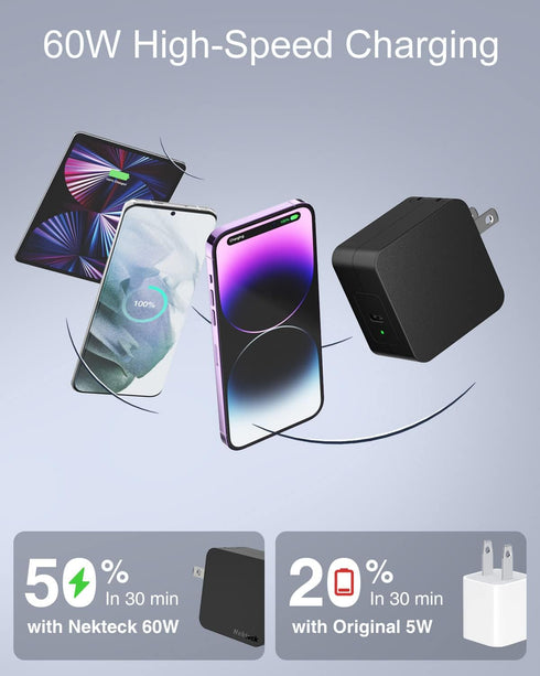 Nekteck 60W USB C Charger, PD 3.0 Fast Charging, Foldable Plug, Compatible with MacBook Air/Pro, iPhone 15