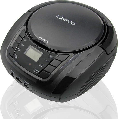 LONPOO Portable Boombox, CD Player, Bluetooth, USB, MP3, AUX, FM Radio, Built-in Stereo Speakers, Carrying Handle, LCD