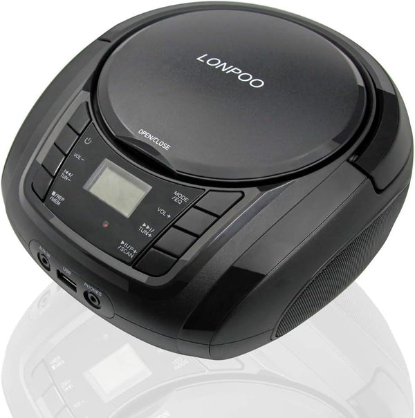LONPOO Portable Boombox, CD Player, Bluetooth, USB, MP3, AUX, FM Radio, Built-in Stereo Speakers, Carrying Handle, LCD