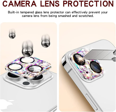 Cavdycidy Bling Diamond Camera Lens Protector for iPhone 15 & 15 Plus, 9H Tempered Glass, Metal Glitter Gem Cover.
