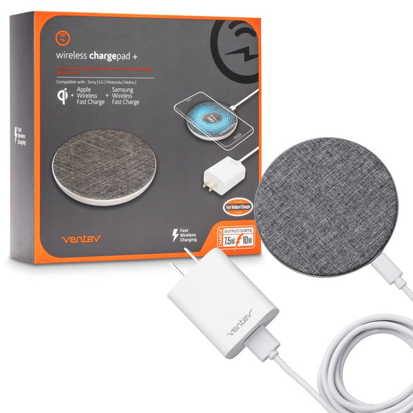 Ventev Qi Wireless Chargepad Plus 10W with 5ft Cable and Fast Wall Charger, Compatible with Qi Enabled Devices, Gray