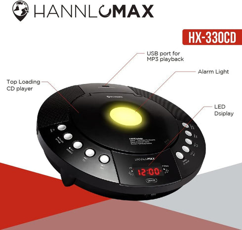 HANNLOMAX HX-330CD CD Player with FM Radio, Bluetooth, Alarm Clock, USB Port, and Remote Control (Black).