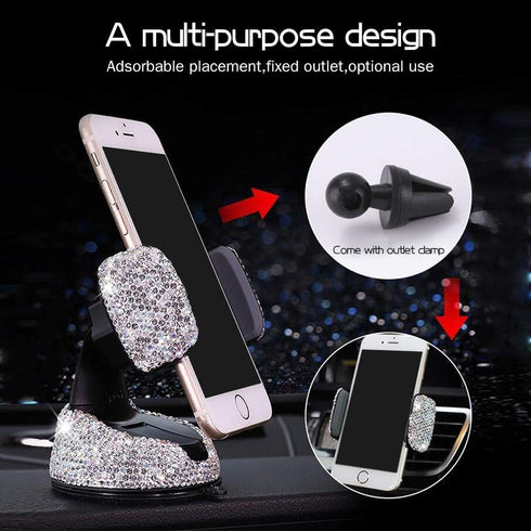 Dashboard Bling Phone Holder - Universal Car Mount for Windshield and Air Vent, Silver