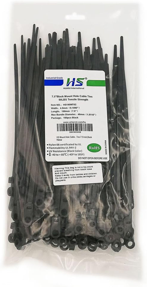 HS Plastic Ties with Screw Holes, 100 Pack, 7.5 Inch Mount Head Electrical Zip Ties, 50 LBS, UV Black