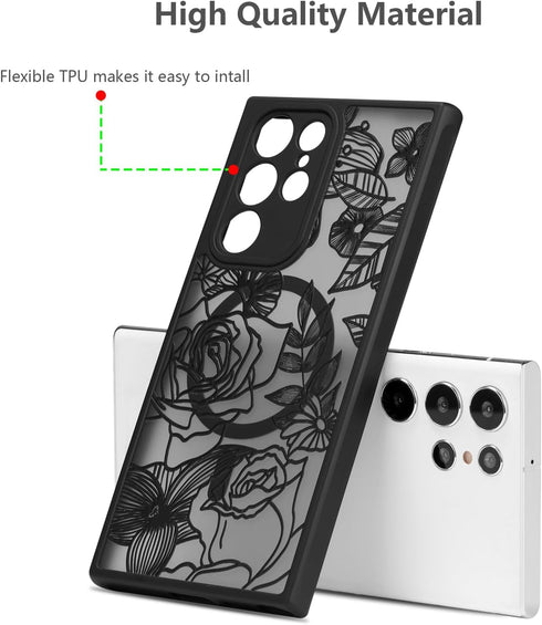 XIZYO Floral Rose Magnetic Case for Samsung Galaxy S23 Ultra, Slim TPU, Shockproof, MagSafe Compatible, Black Aesthetic.