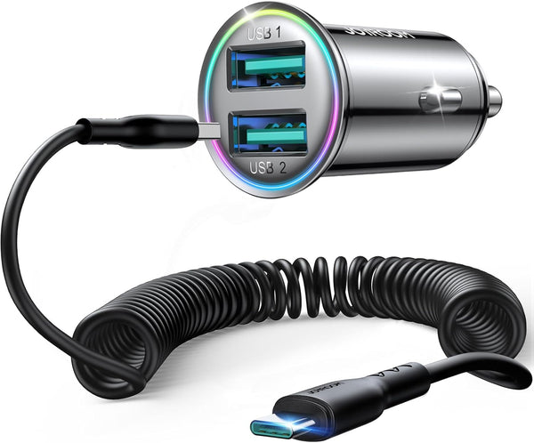 JOYROOM 4.8A Car Phone Charger, Mini All Metal Cigarette Lighter USB Charger with Type C Coiled Cable for iPhone 15 Pro