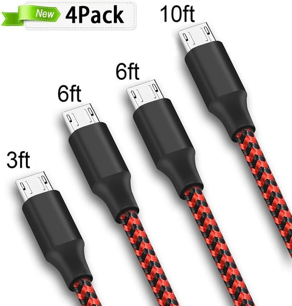 4Pack Micro USB 2.0 Cable Replacement 3FT/6FT/6FT/10FT for Samsung Galaxy S7 Edge S6 J7, Moto G5, Android Smartphones