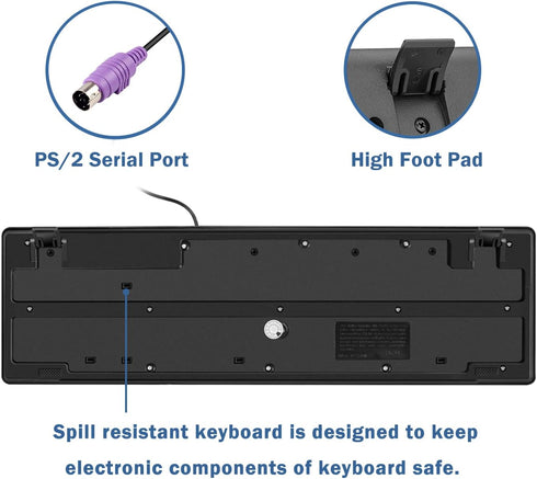 MCSaite Wired PS2 104 Keys Computer Keyboard, Black Waterproof - US Layout Compatible with Windows, PC, Laptop