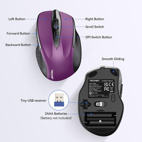 TECKNET Wireless Mouse - 2.4G Ergonomic Optical Mouse for Laptop, PC, 6 Buttons, 2600 DPI