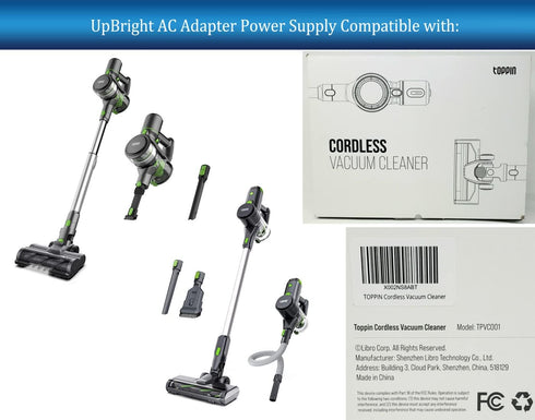 UpBright 26.5V AC/DC Adapter Compatible with TOPPIN TPVC001 S1 TPVC002 S2 22.2V 2200mAh 22.2VDC 250W 150W Lithium Li-ion Battery Cordless Stick Vacuum Cleaner 26.5VDC 500mA 550mA Power Supply Charger