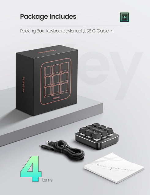 Vaydeer One-Handed Mechanical Keyboard with NKRO, Hotkeys, 9 Programmable Keys, Macro Keypad for iOS, Windows