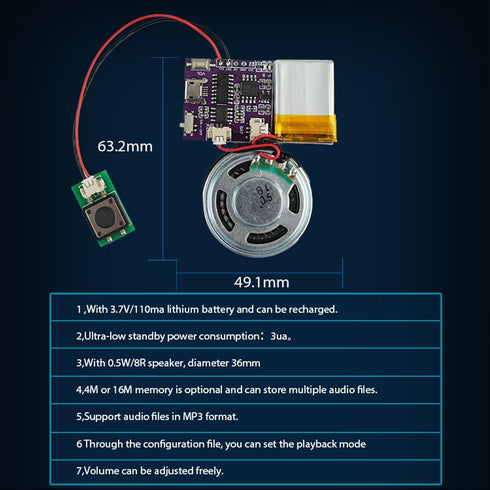 Sound Module, 16 MB Push Button Control Activated Voice Chips, MP3 Music Module for Crafts, Christmas Cards, Speaker