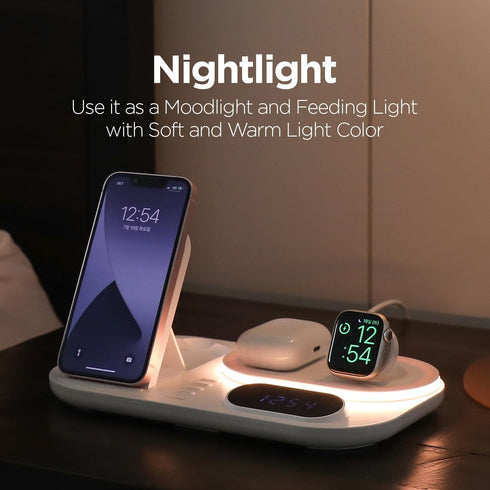 mooas All-Rounder 4 in 1 Fast Wireless Charging Nightlight Clock, Compatible with iPhone 15 14, Galaxy S24 S23
