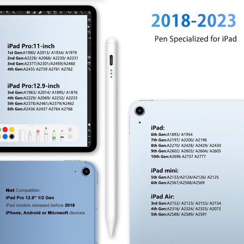 Stylus Pen for iPad, 5min Fast Charge Pencil for iPad/Pro/Air/Min 2018-2024, Pen for iPad with Tilt Sensitive& Palm Rejection& Magnetic for Professional Drawing, Writing, Working (White)