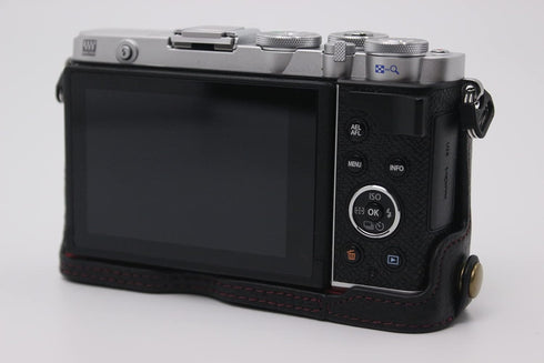 E-P7 Case, BolinUS Handmade Leather Half Camera Bag for Olympus Pen E-P7, Bottom Opening Version, Black