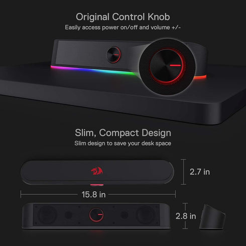 Redragon GS560 RGB Desktop Soundbar, 2.0 Channel Computer Speaker with Dynamic Lighting Bar, Audio-Light Sync/Display,