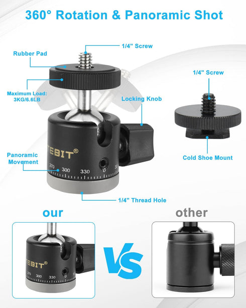 UTEBIT 1/4" Mini Ball Head, Panoramic Tripod Head with Camera Hot Shoe Mount DSLR Camera Mount Adapter Photograph