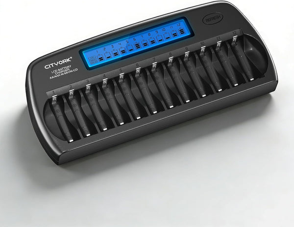 CITYORK 12 Bay AA AAA Battery Charger with Refresh Function, Smart LCD Display