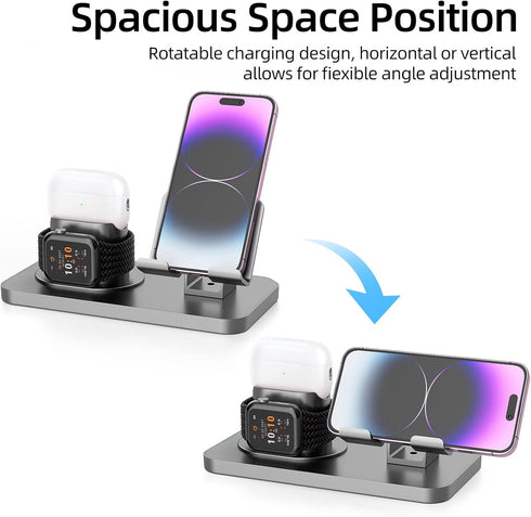 180° Rotation Phone Charger Stand Holder, 3in1 Charger Dock for Apple iWatch/AirPods/iPad and Most Smartphones (Gray)