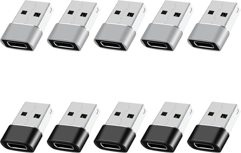 USB to USB C Adapter 10 Pack, USB A to USB C Converter for iPhone 15/14/13 Pro, iPad Air, AirPods, Black+Grey