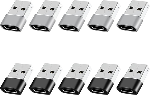 USB to USB C Adapter 10 Pack, USB A to USB C Converter for iPhone 15/14/13 Pro, iPad Air, AirPods, Black+Grey