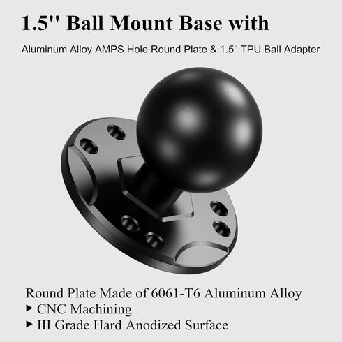 BRCOVAN 1.5'' Ball Mount Base with Aluminum Alloy AMPS Hole Round Plate & 1.5'' TPU Ball Adapter Compatible with RAM Mounts C Size 1.5 Inch Ball Double Socket Arm