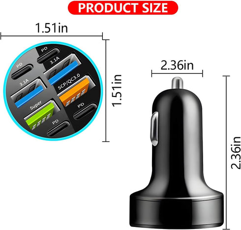 8 Ports 66W Car Charger - 12-24V Super Fast Charging with USB 3.1A PD&QC 3.0 for All Smartphones
