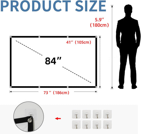84" Projector Screen, 4K 16:9 HD Foldable Movie Screen for Indoor Outdoor Home Theater and Travel