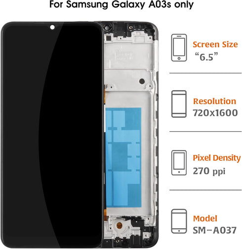 Original A03S US Version Screen LCD Display +Black Frame for Samsung Galaxy A03s A037T A037U A037U1 6.5“ LCD Screen Display Replacement Touch Digitizer Assembly Kit (Not For A037A ;F ;W ;G)