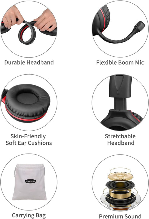 SIMOLIO Wired Kids Headphones with Boom Microphone, 3 Levels Hearing Protection for School, Gaming, Durable Headsets