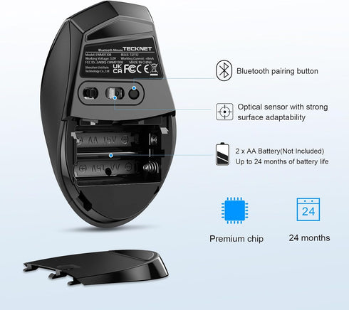 TECKNET Bluetooth Mouse, 4800 DPI Wireless, 2-Year Battery, 6 Adjustable DPI, Grey