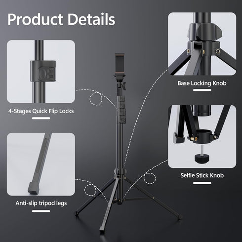 EMART 63" Phone Tripod for iPhone & Selfie Stick, Adjustable Cellphone Tripod Stand with Remote and Phone Holder