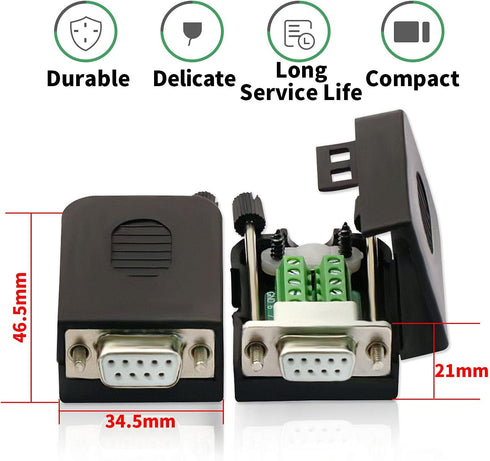 DB9 Female Connector, 4 Pack Solderless RS232 D-SUB Breakout Connector with Case, Long Bolts Tail Pipe