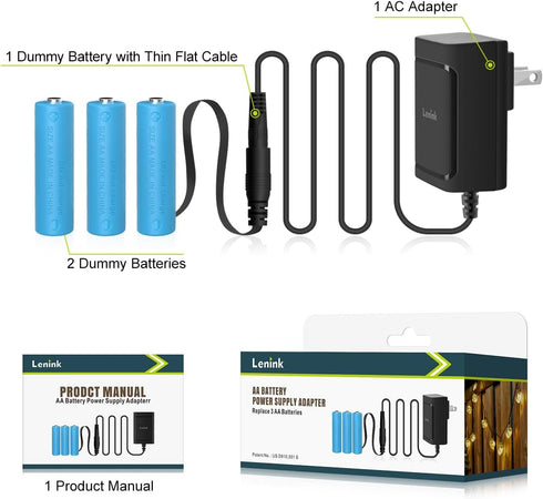 Lenink 3 AC Power Supply Adapter for AA Battery, AA Battery Replacement Adapter for LED Light, Decorations (Black)