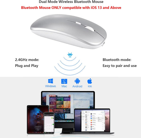 Wireless Bluetooth Mouse for Apple iPad iPhone MacBook Android Samsung Tablet Phone Dual-Mode Rechargeable 2.4G Portable Computer Mice for Windows Laptop Notebook PC Mac Desktop USB Receiver (Silver)
