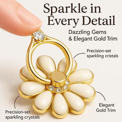 NXVX 360 3M Daisy Phone Ring Holder Nine-Petal White Flower Grip, Rotating Finger Ring & Kickstand, Rhinestone Bling