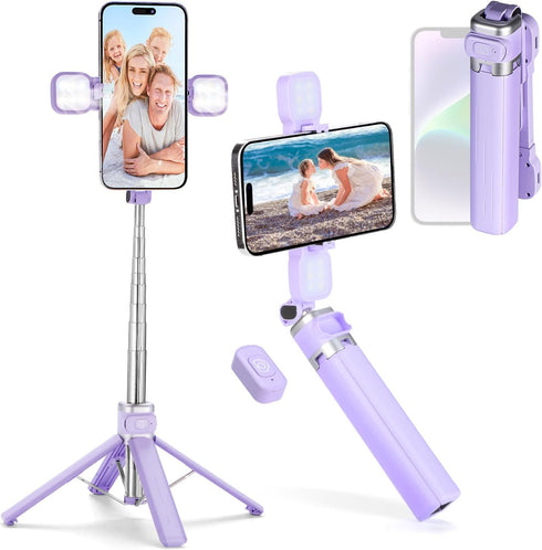 MQOUNY Mini iPhone Tripod Stand, 38" Selfie Stick with Wireless Remote & Removable Light, 360° Rotation (Purple)
