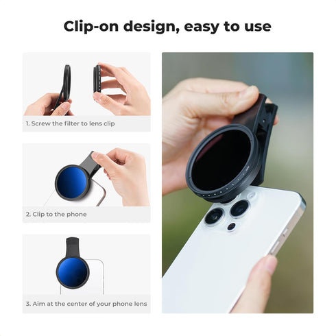 52mm Clip-on ND2-400 Phone Camera Lens Filter Kit, Adjustable Neutral Density for iPhone 15 14 13 12 11