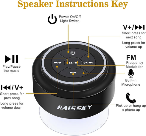 HAISSKY Bluetooth Shower Speaker, Portable Wireless Speaker with Suction Cup, IP67 Waterproof for Phones, Tablets, and
