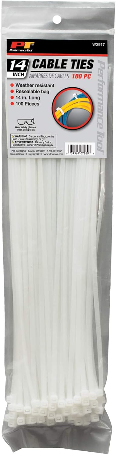 Performance Tool 100pc Cable Tie, 14-Inch, White, 50 Lbs Tensile Strength