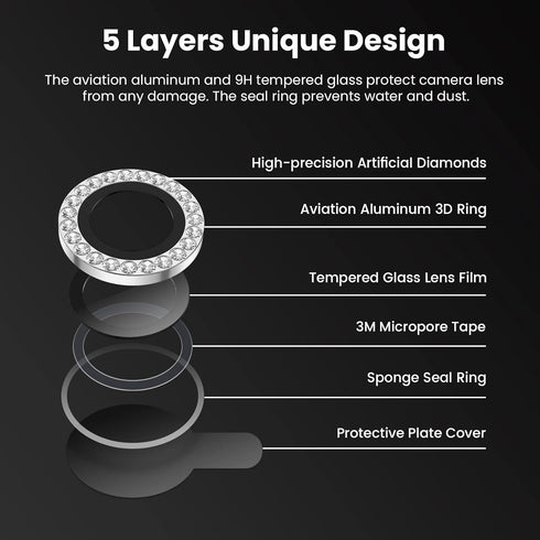 Tensea Camera Lens Protector for iPhone 13 Pro/Pro Max, Bling Protection Cover, Tempered Glass, Diamond Metal Ring