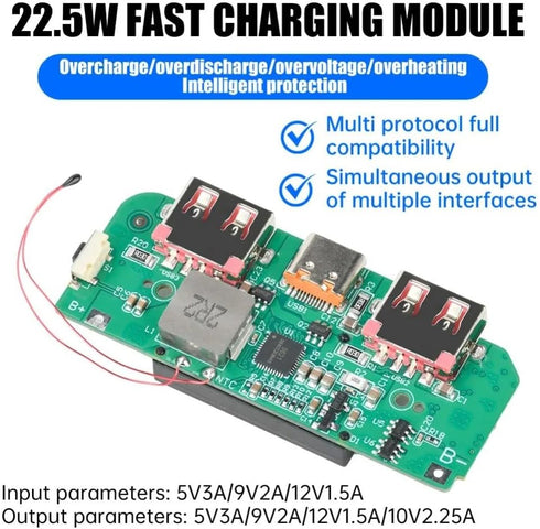 Generic 22.5W USB Fast Charging Step-Down Converter Power Bank Module with PD QC FCP VOOC Protocols Type-C and Dual USB