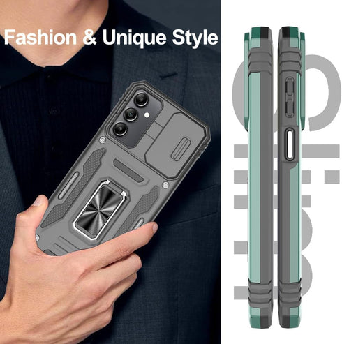 Samsung Galaxy A15 5G Case with Sliding Camera Cover & Tempered Glass Screen Protector, Rotatable Ring Holder Kickstand