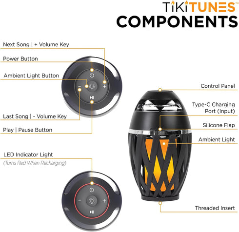 TikiTunes Portable Bluetooth 5.0 Wireless Speaker, LED Torch Lighting, 2000 mAh Battery
