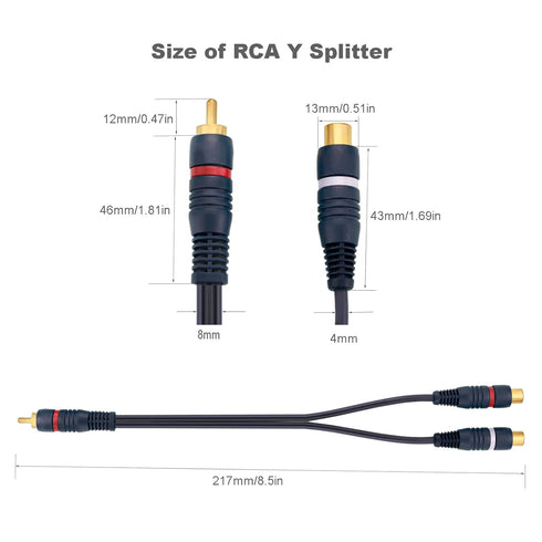 RCA Splitter, 2 Pcs 1 Male to 2 Female Audio Cord Speaker Y Adapter Splitter Cable, 8.5 Inches Gold Plated