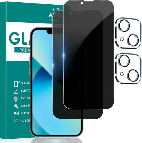 iPhone 13 Privacy Screen Protector 2+2 Pack, 6.1" Tempered Glass, Anti-Spy, Camera Lens Protector, Bubble Free, Case