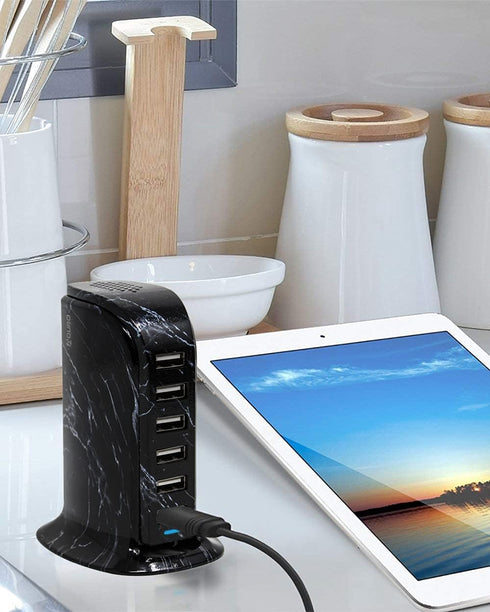 Aduro 40W 6-Port USB Desktop Charging Station Hub Wall Charger for iPhone iPad Tablets Smartphones with Smart Flow (Black Marble)