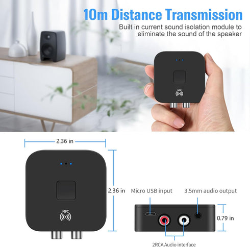 Szyafei 5.0 3.5mm Bluetooth Receiver & Adapter, NFC, AUX/RCA Output to Speaker, Amplifier, Car Audio, Headphone, Home