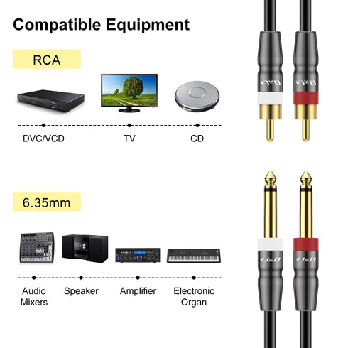 J&D Dual 1/4 inch TS to Dual RCA Cable, Heavy Duty 1/4 Male to RCA Male Adapter, 3 Feet