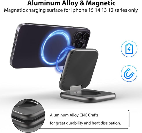 2 in 1 Foldable Mini Travel Wireless Charger Stand for Apple, KUXIU Aluminum Alloy Magnetic Charging Station for iPhone